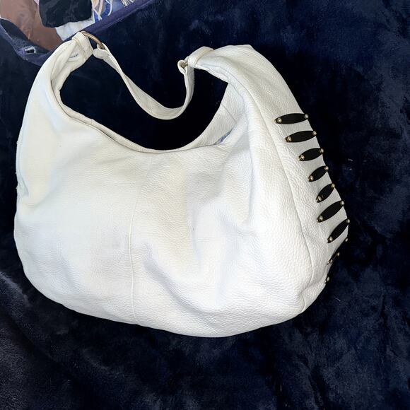 ROMYGOLD HUGE $595 PEBBLED WHITE LEATHER BAG BRASS HARDWARE595 - Picture 1 of 10